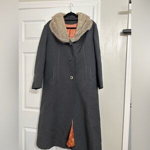 Vintage Steven Forstmann Charcoal Trench Coat with Tan Rabbit Fur Collar